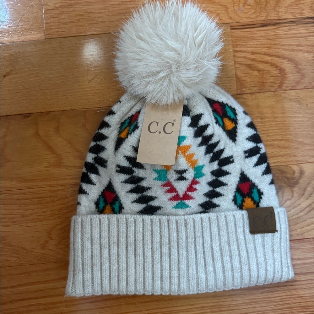 C.C Tribal Pattern Beanie with Pom Pom - Cream and Black